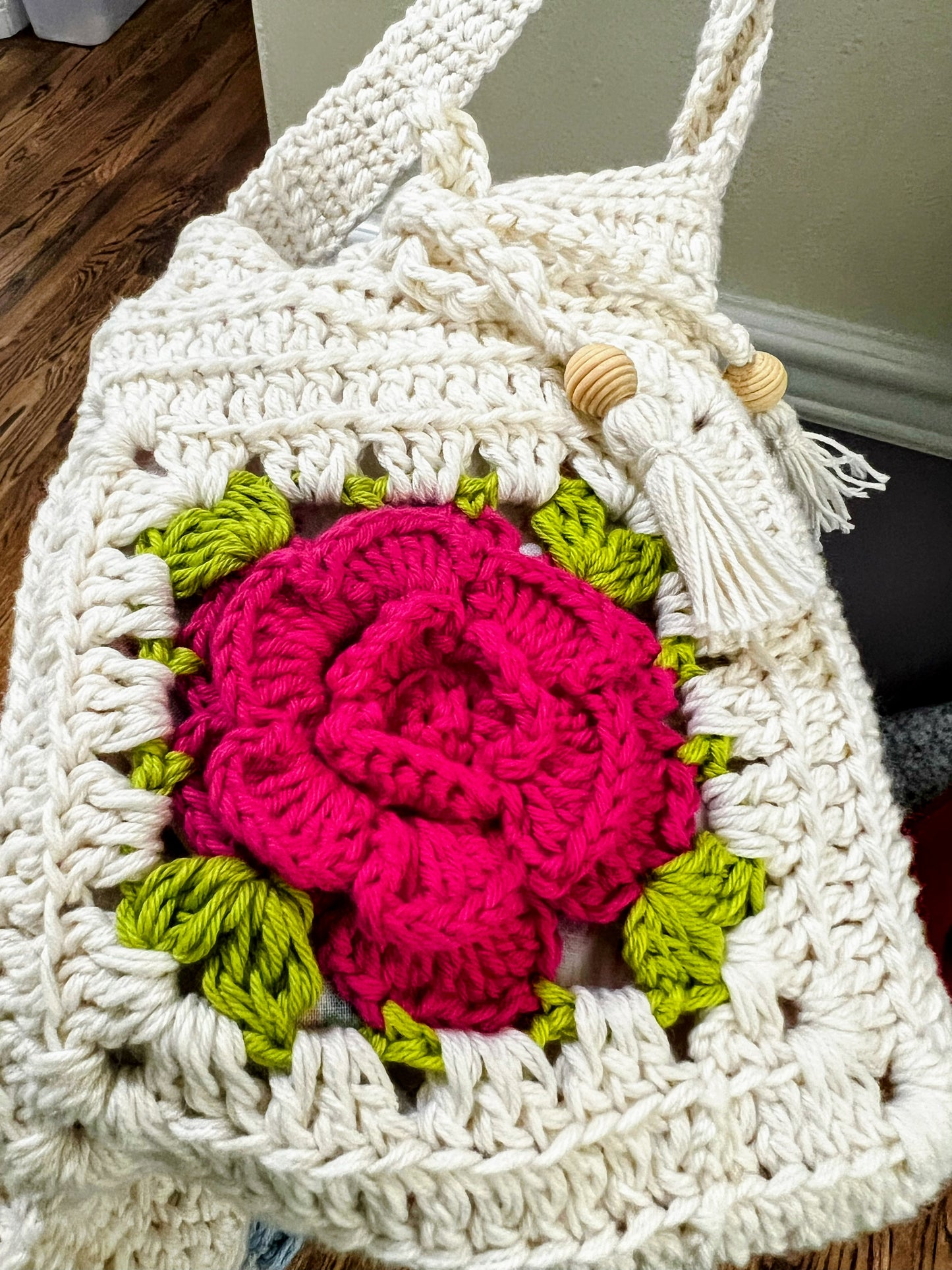 Crochet Bag With Pink Flower- For Girls & Teens