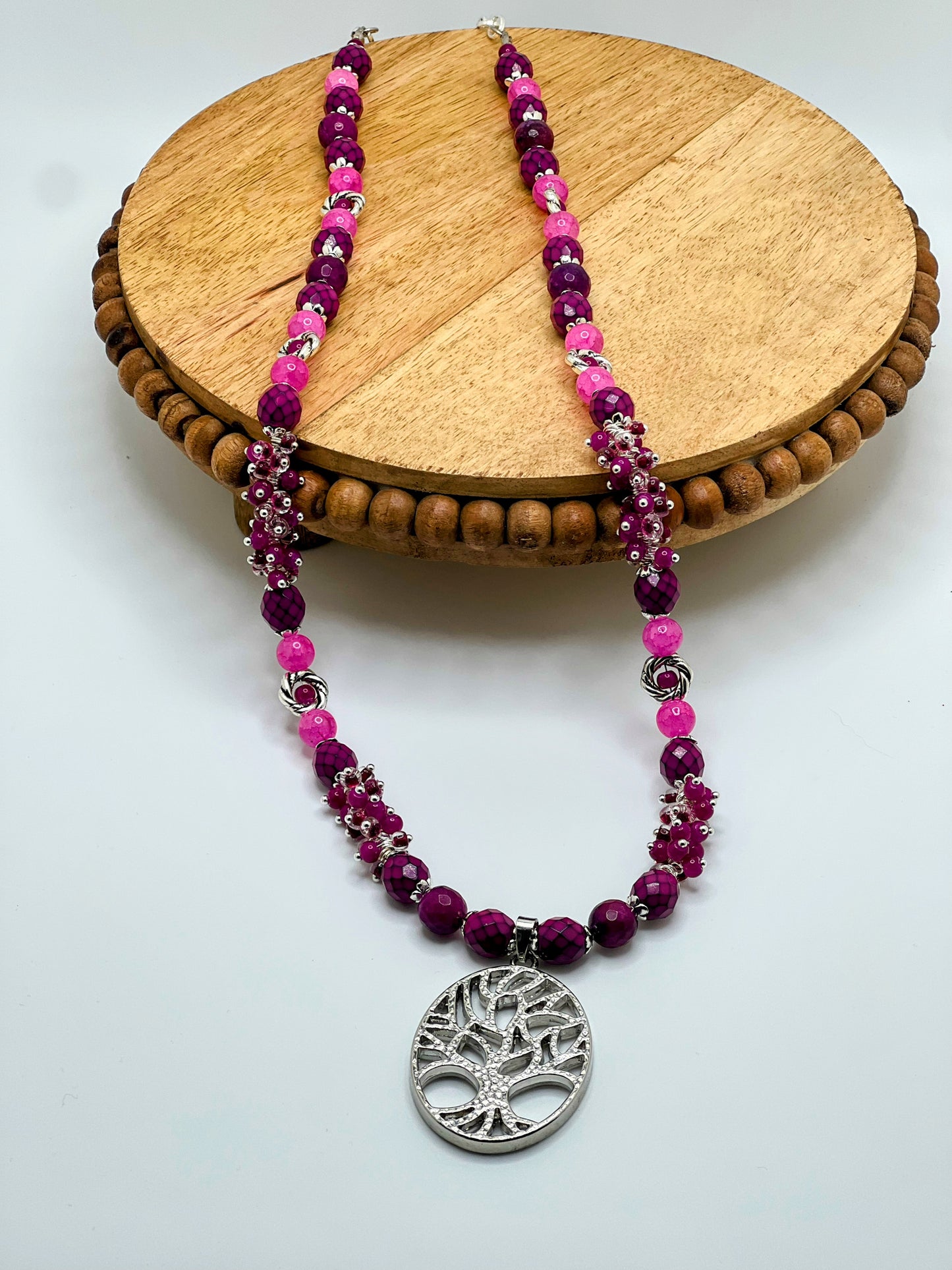 Natural Hot Violet Agate, Seashell & alabaster Stone Necklace⁩ With Silver Tree Of Life Pendant⁩