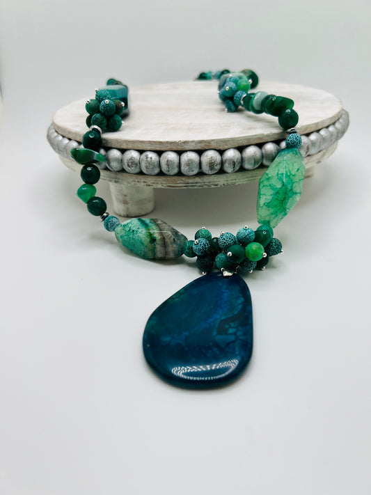 Natural Green & Teal Gemstone Necklace – Earthy Semi-Precious Statement Jewelry