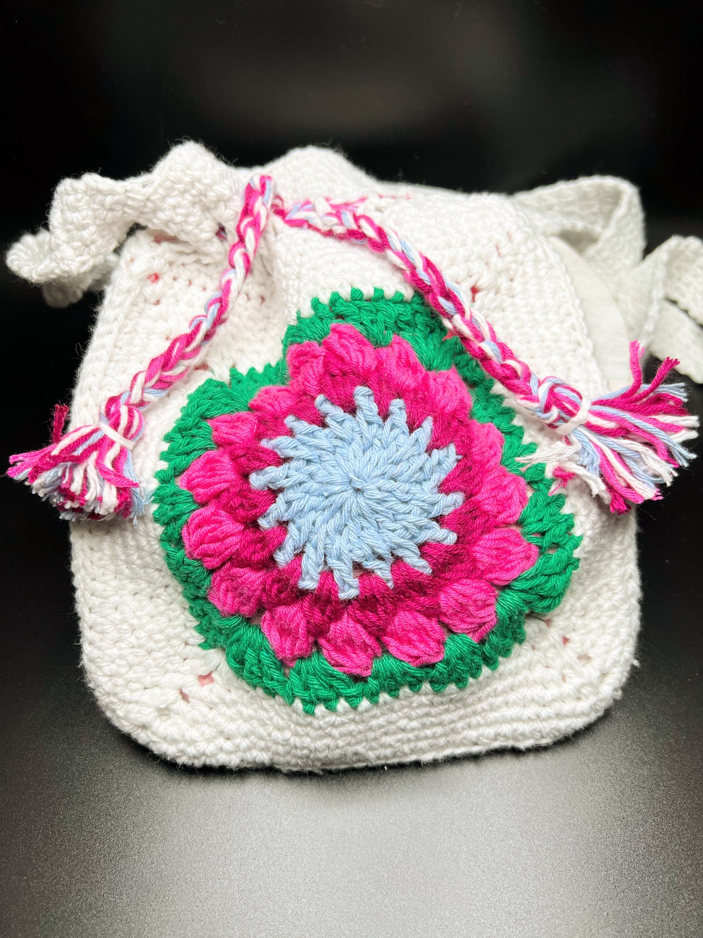 Crochet Pink with Green Flower Bag - For Girls