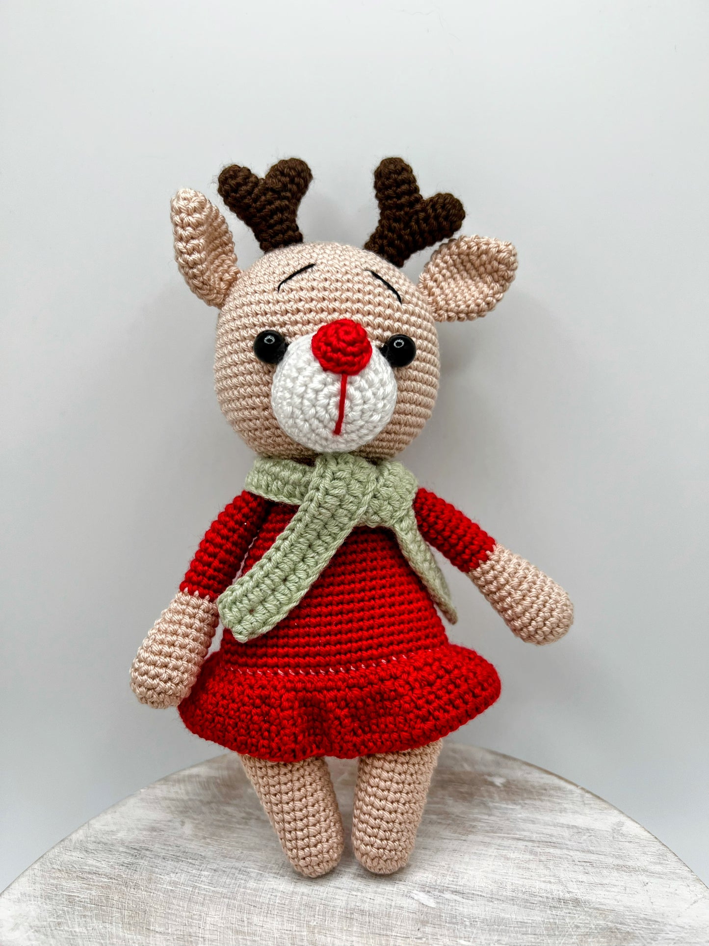 Stuffed Deer Toy With Red Dress- Crochet Knitted Amigurumi Toy