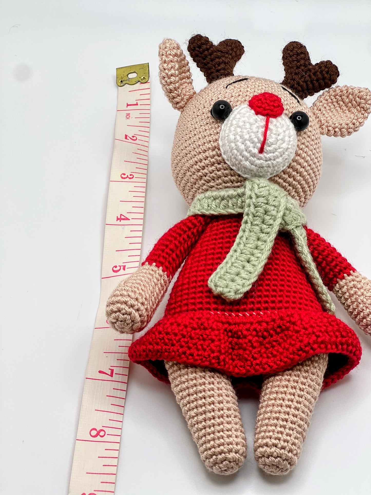 Stuffed Deer Toy With Red Dress- Crochet Knitted Amigurumi Toy