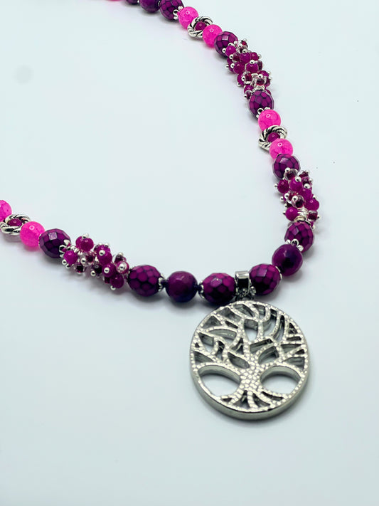 Natural Hot Violet Agate, Seashell & alabaster Stone Necklace With Silver Tree Of Life Pendant
