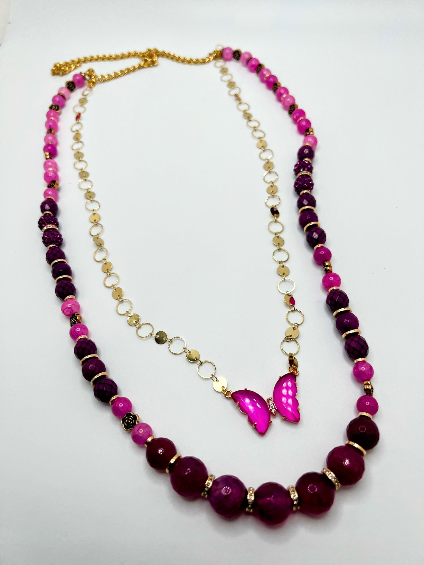 Natural Hot Violet Agat & ‏Alabaster Stone Necklace With Butterfly Pendant