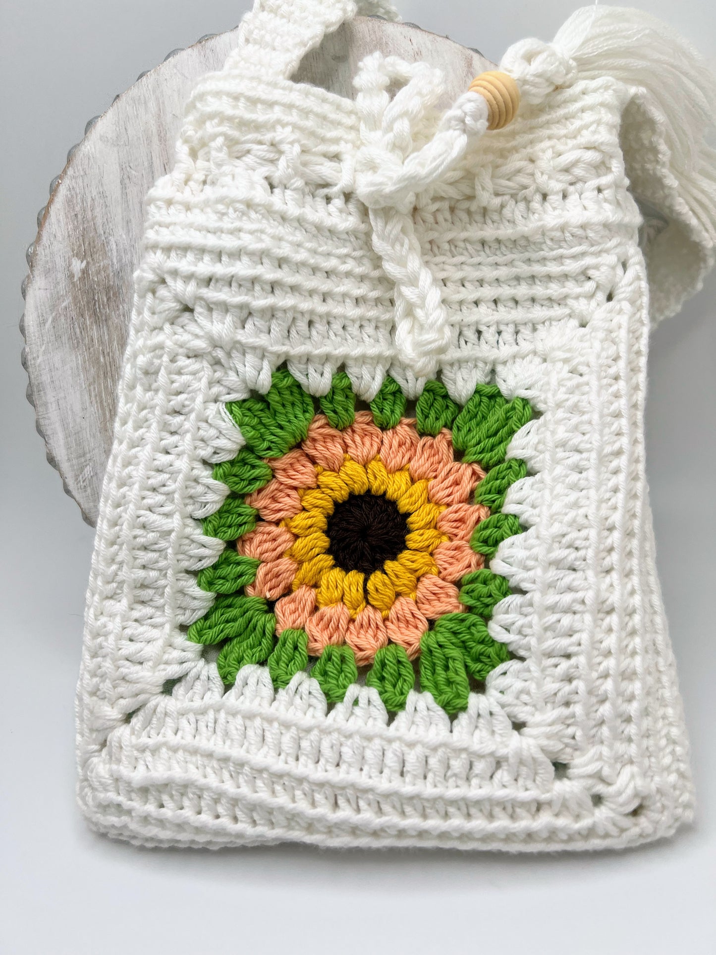 Crochet White Bag With Green Yellow Flower- For Girls & Teens
