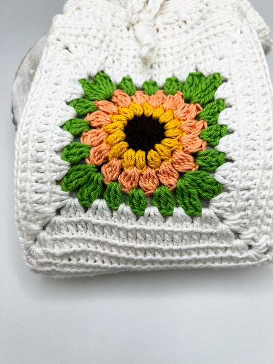 Crochet White Bag With Green Yellow Flower- For Girls & Teens