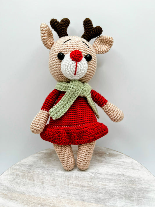 Crochet Amigurumi Deer in Red Dress – Handmade Stuffed Woodland Toy