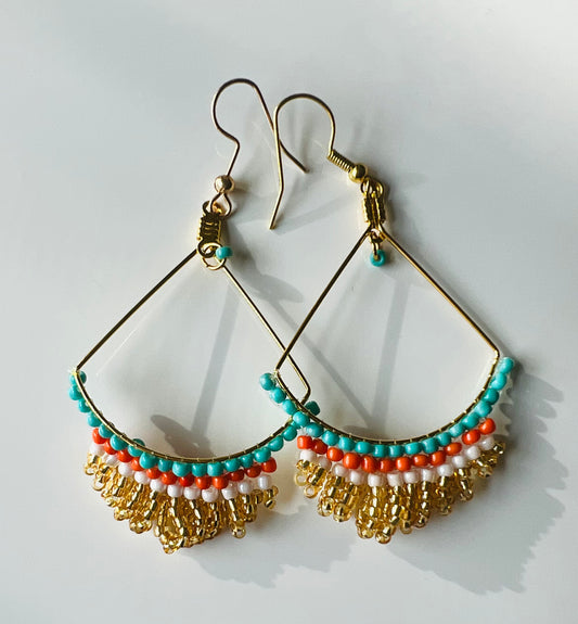 Fresca Blue & Gold Beaded Earrings – Handcrafted Seed-Bead Fringe Drops