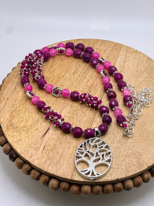 Natural Hot Violet Agate, Seashell & alabaster Stone Necklace With Silver Tree Of Life Pendant