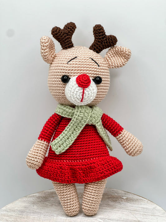 Crochet Amigurumi Deer in Red Dress – Handmade Stuffed Woodland Toy