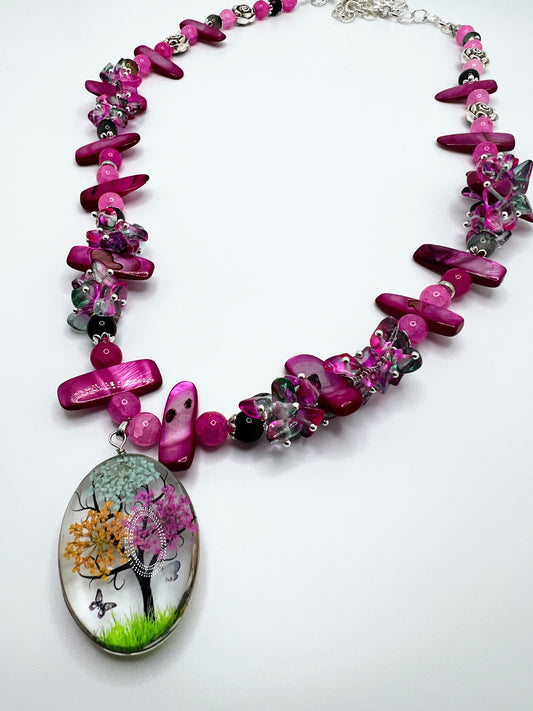 Purple Agate & Alabaster Stone Necklace – Natural Flower Pendant Jewelry