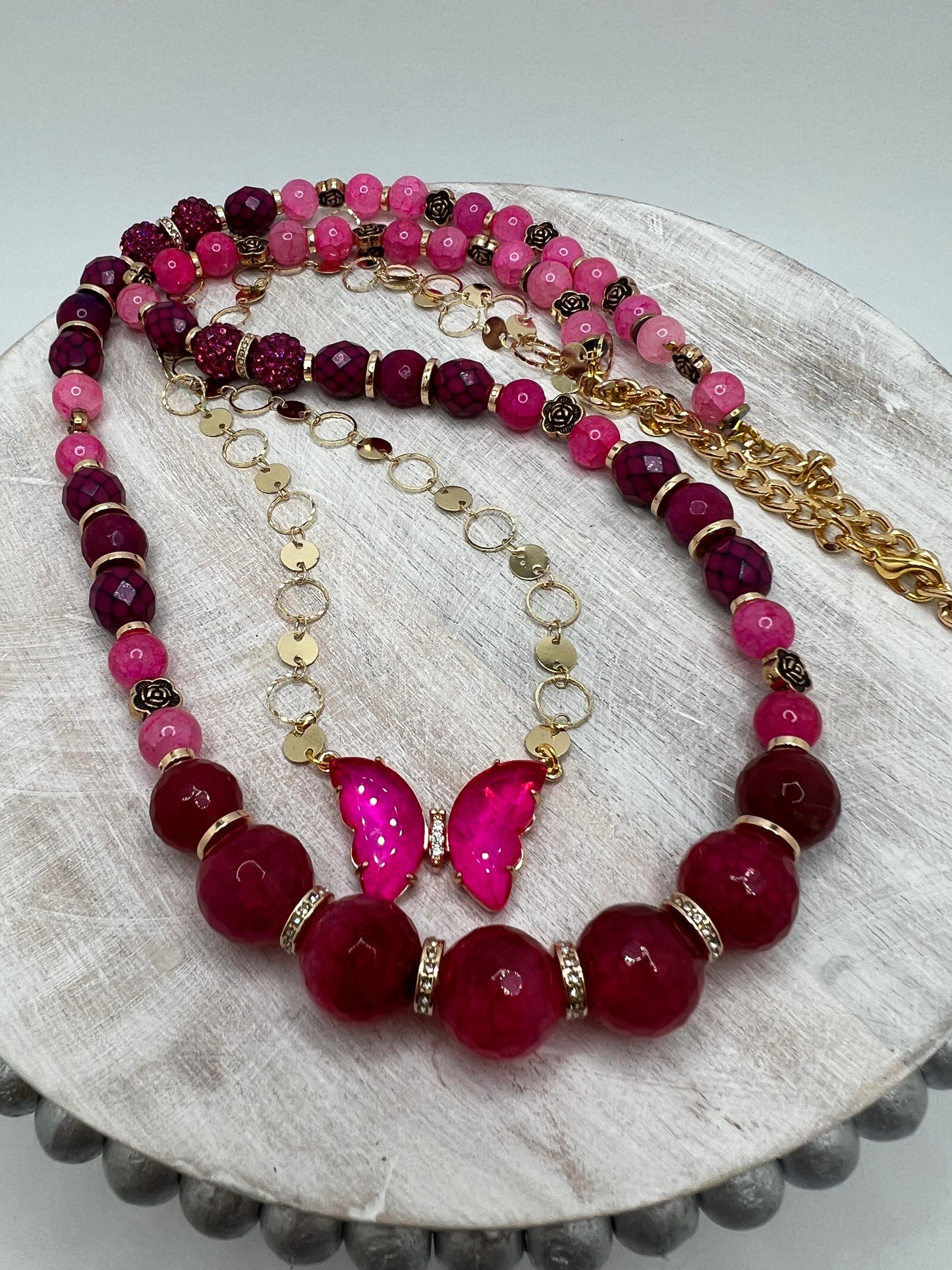 Natural Hot Violet Agat & ‏Alabaster Stone Necklace With Butterfly Pendant