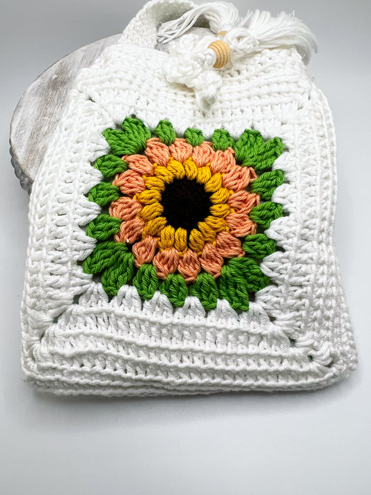 Crochet White Bag With Green Yellow Flower- For Girls & Teens