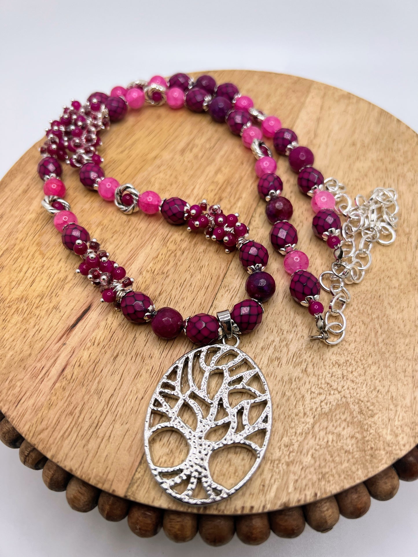 Natural Hot Violet Agate, Seashell & alabaster Stone Necklace⁩ With Silver Tree Of Life Pendant⁩