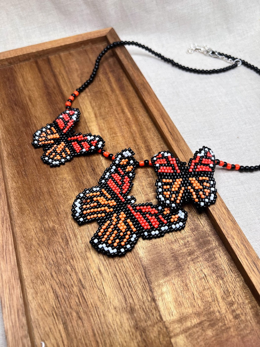 Beaded 3 Small Orange & Black Butterflies Necklace