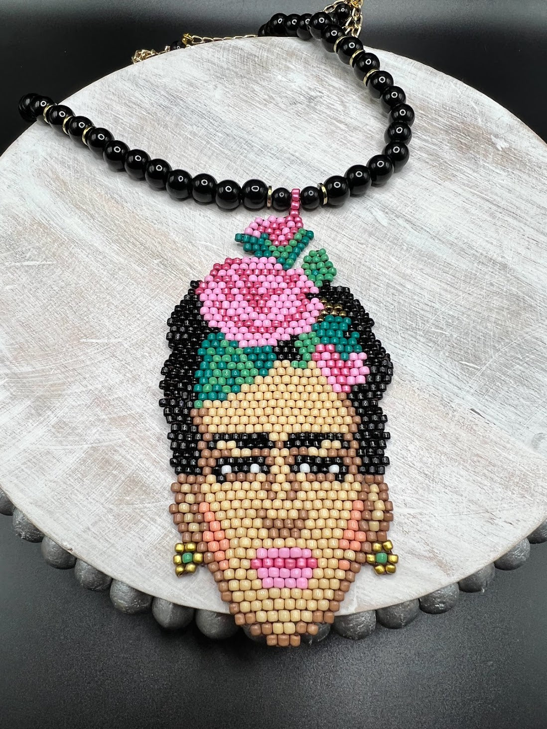 Frida Kahlo Face Pendant Necklace with Loom Bead