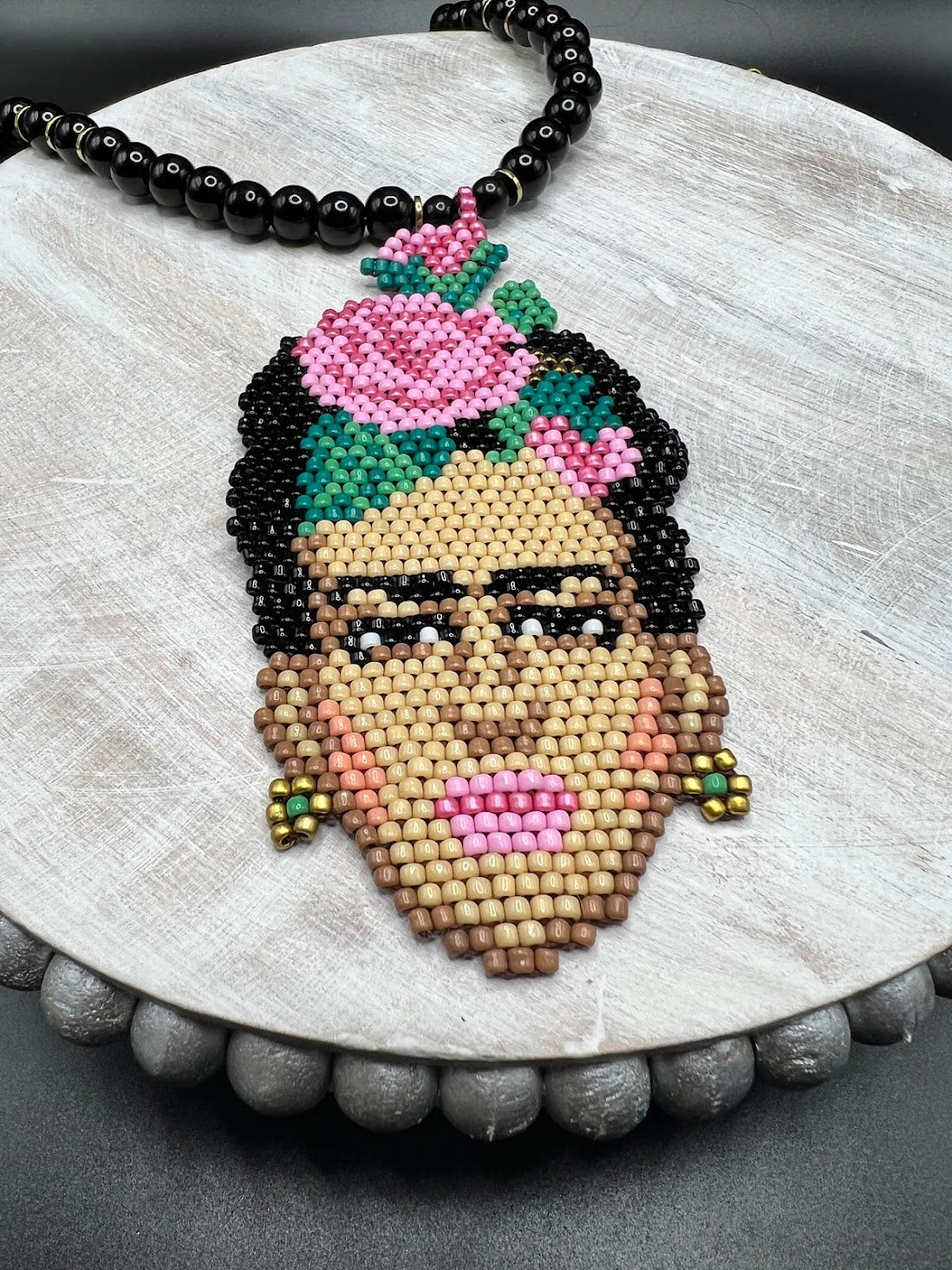 Frida Kahlo Face Pendant Necklace with Loom Bead