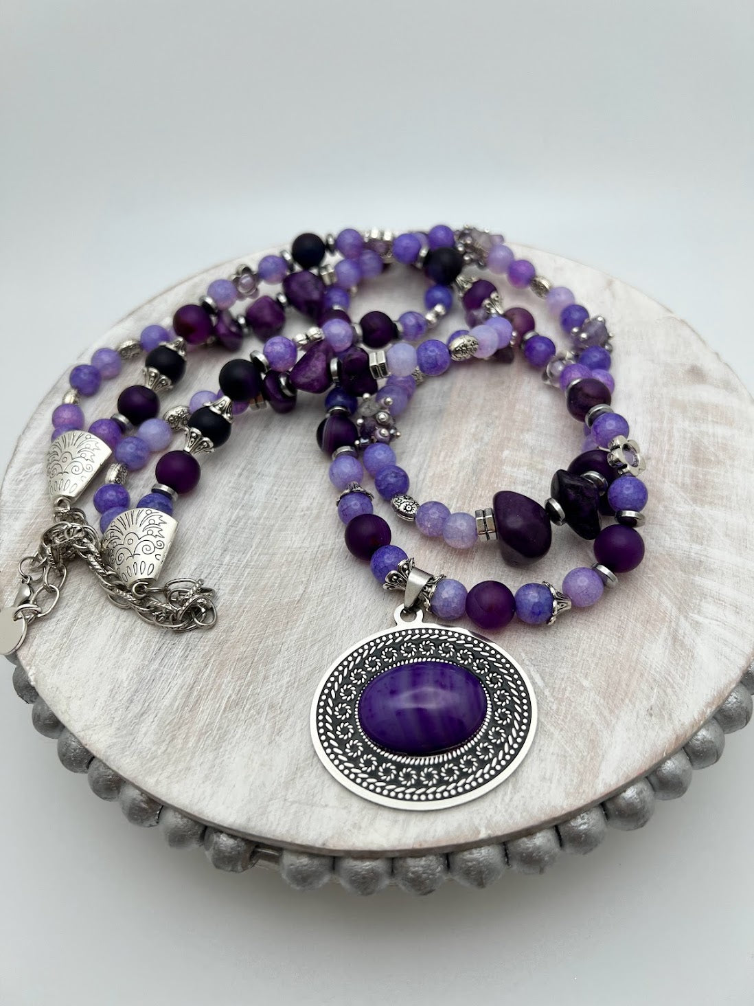 Natural Stone Purple Beads with Big Pendant