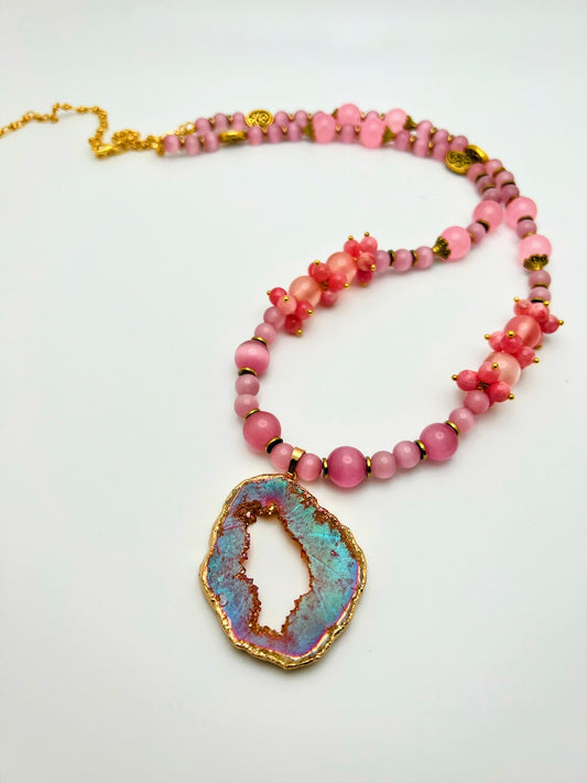 Rose Agar Beads and Stone Necklace