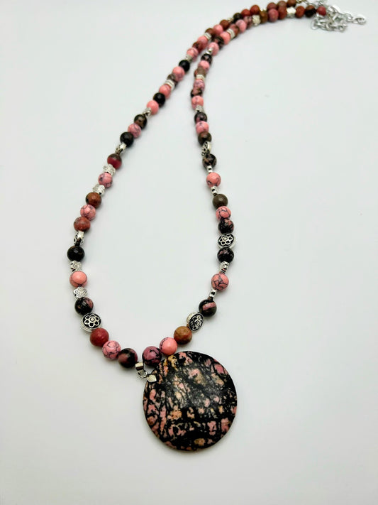 Rose Gray Agar Beads and Stone Necklace