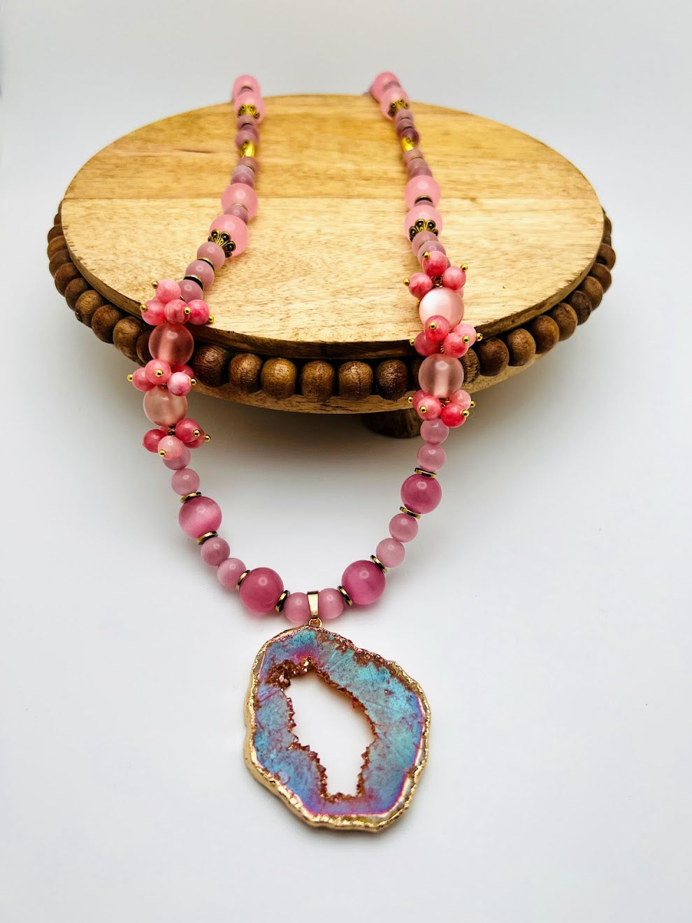 Rose Agar Beads and Stone Necklace