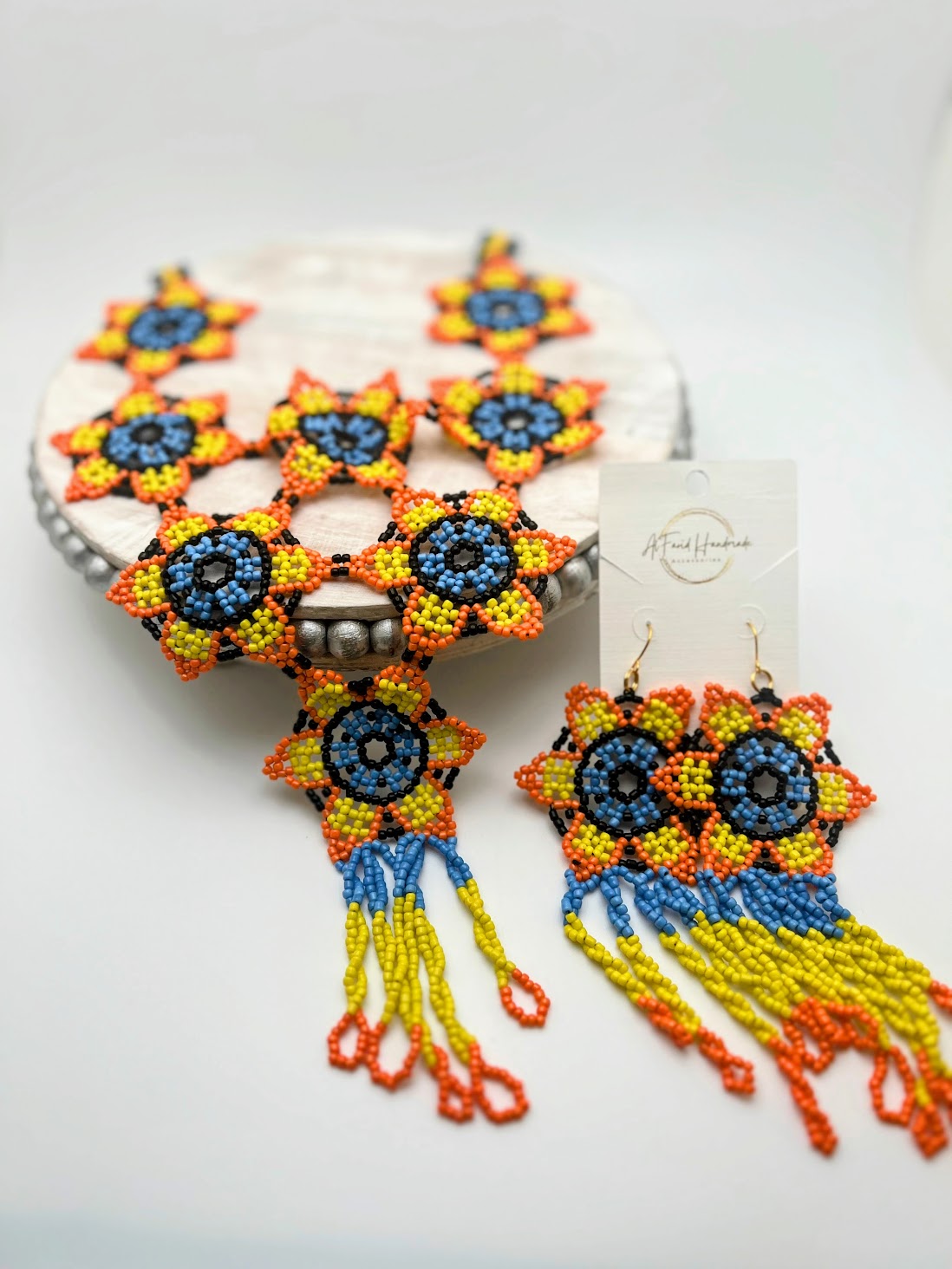 Beaded Yellow Blue Flowers Necklace With Beaded Matching Earrings