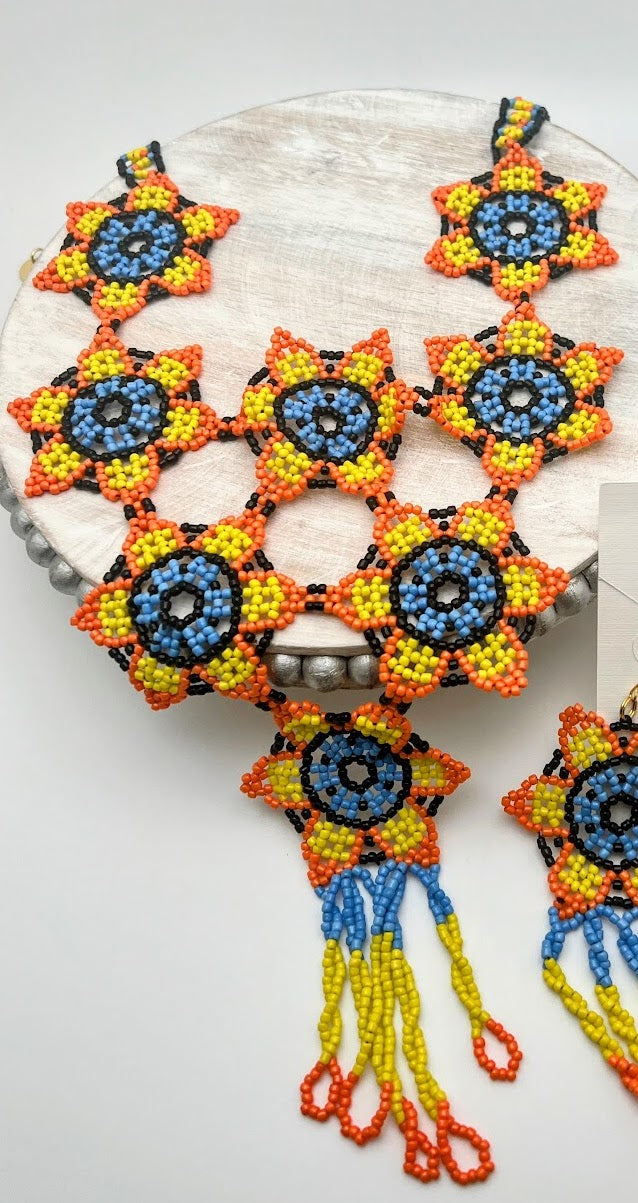 Beaded Yellow Blue Flowers Necklace With Beaded Matching Earrings