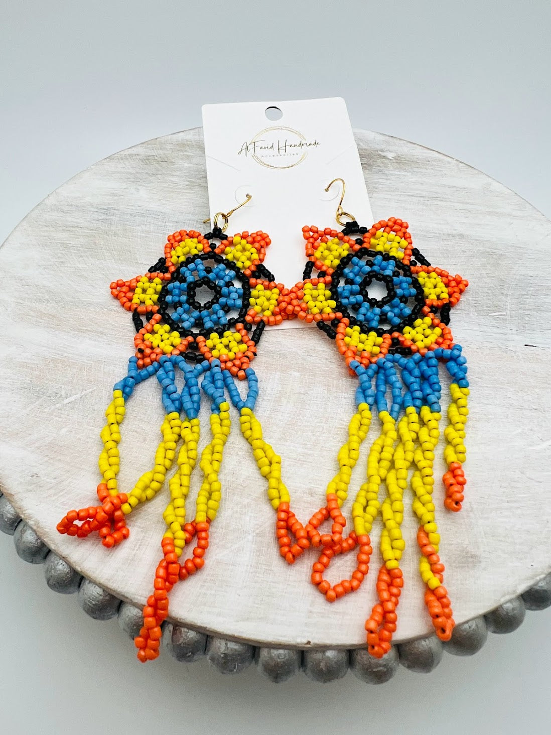 Beaded Yellow Blue Flowers Necklace With Beaded Matching Earrings