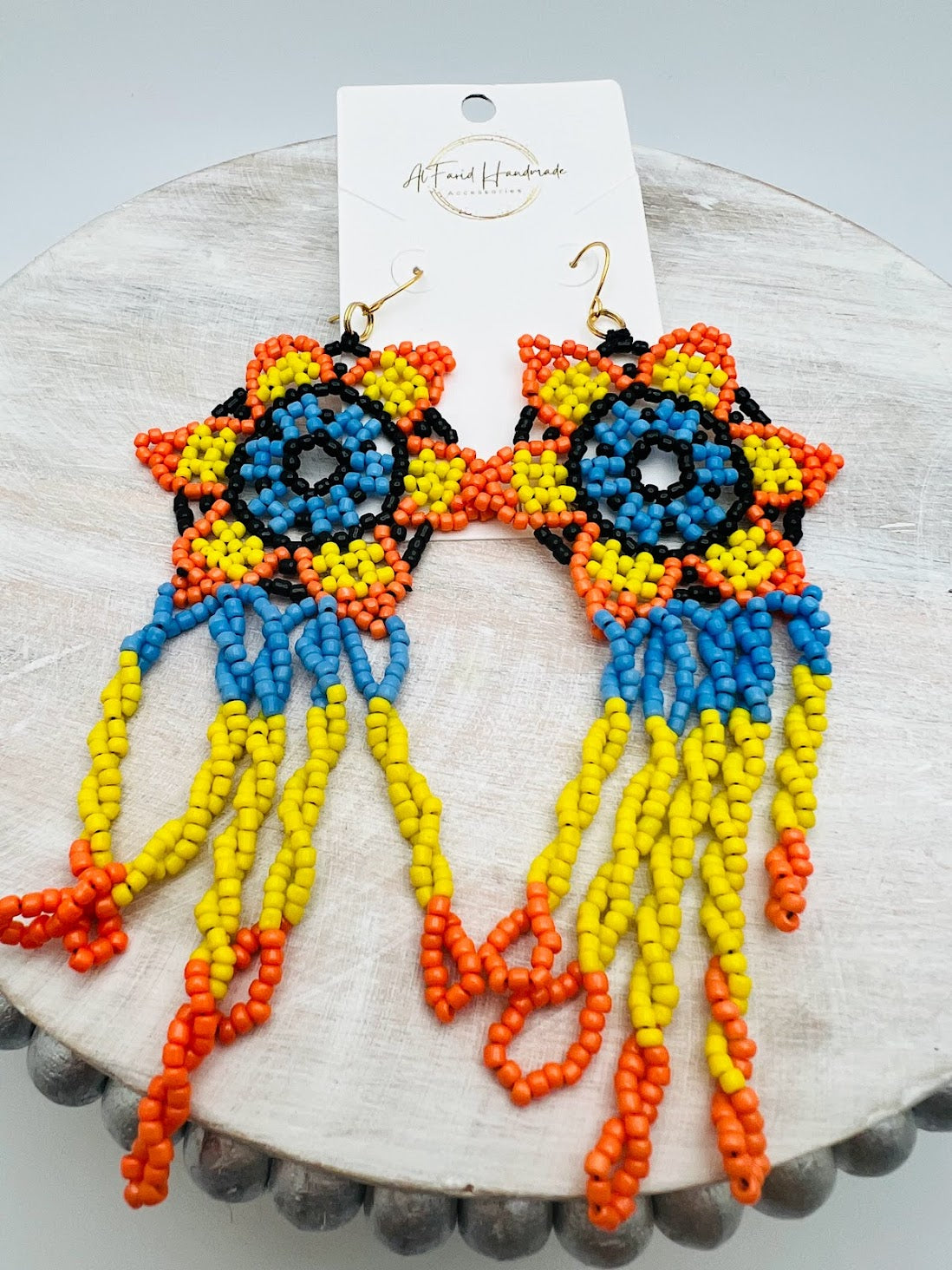 Beaded Yellow Blue Flowers Necklace With Beaded Matching Earrings