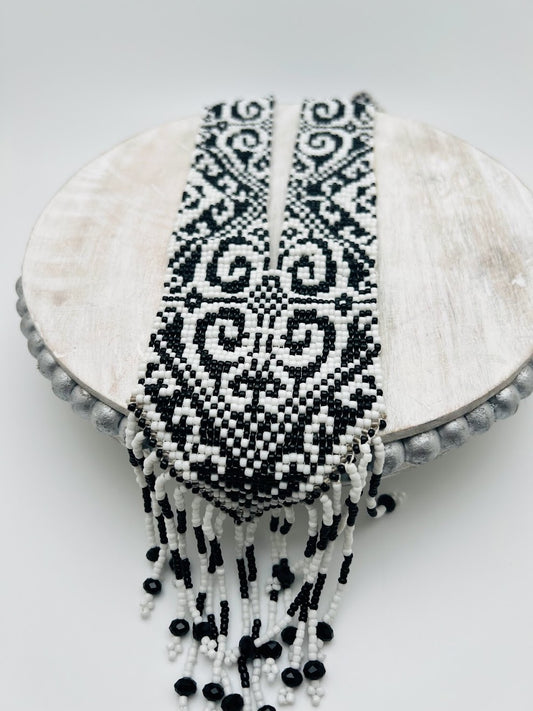 Black Geometric Swirly Loom‑Beaded Statement Necklace