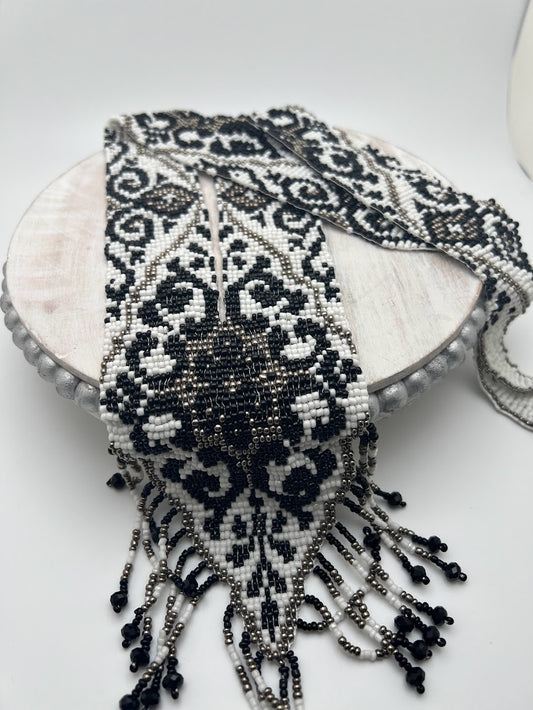 Black, Gray & White Geometric Loom‑Beaded Necklace