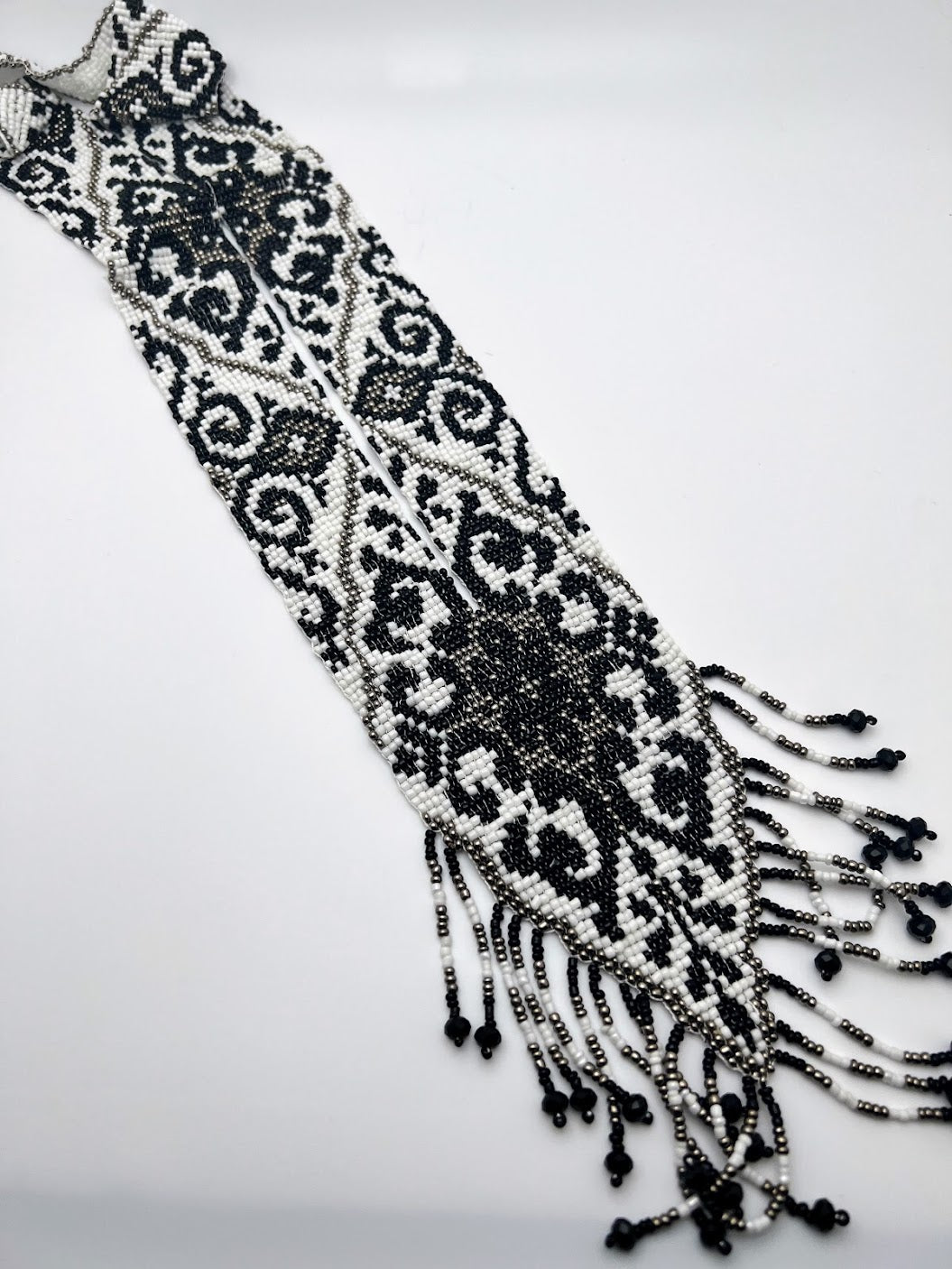 Black, Gray & White Geometric Design Loom Beaded Necklace