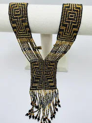 Black With Gold Geometric Loom Beaded Necklace