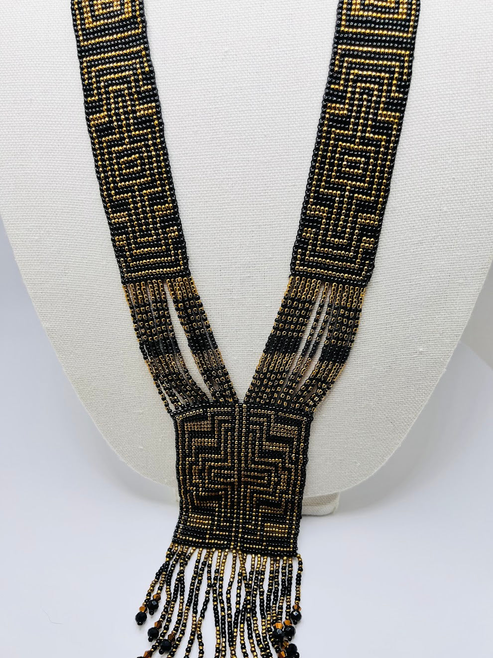 Black With Gold Geometric Loom Beaded Necklace