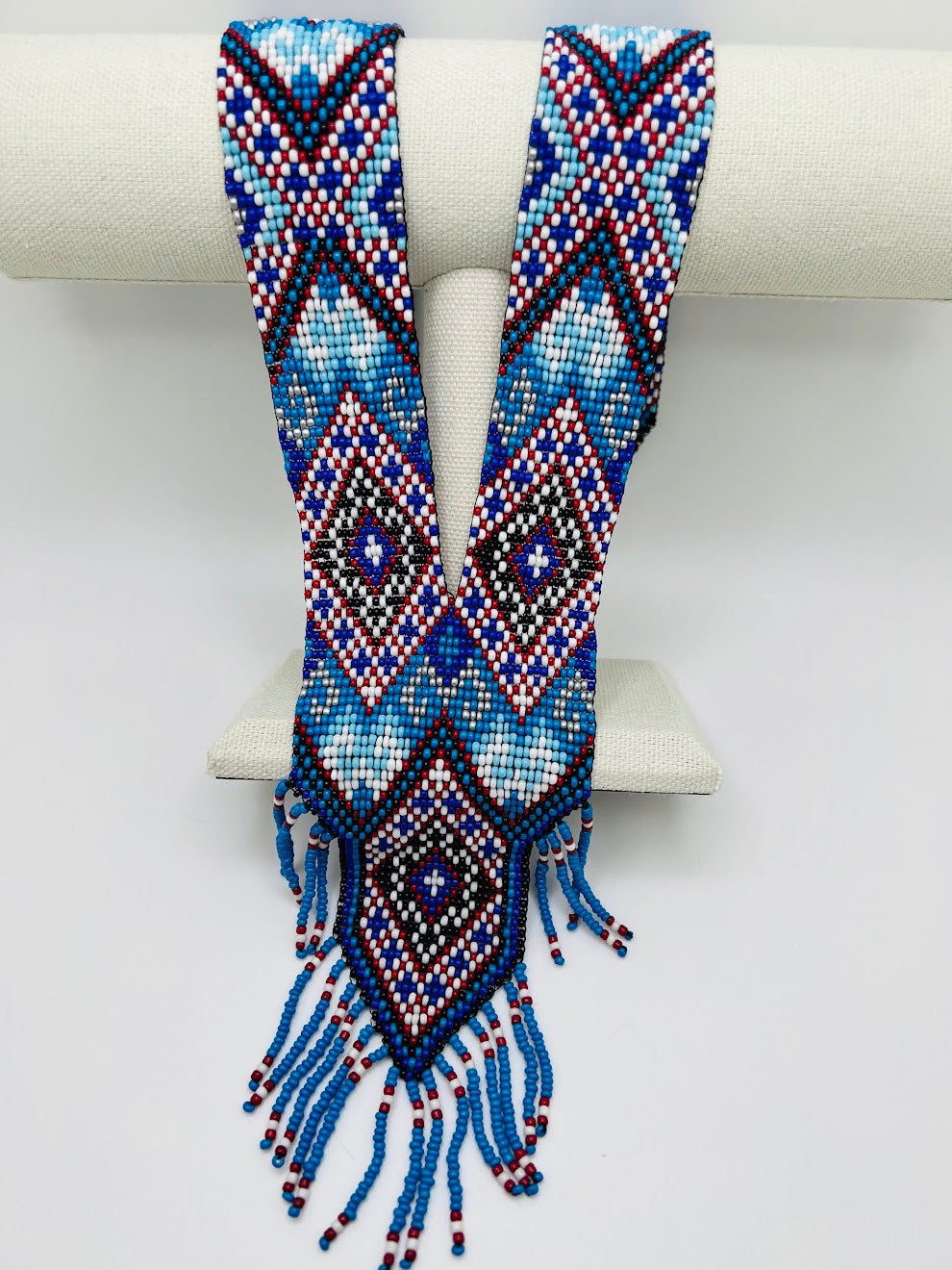Beaded Blue with Red and Silver Geometric Necklace