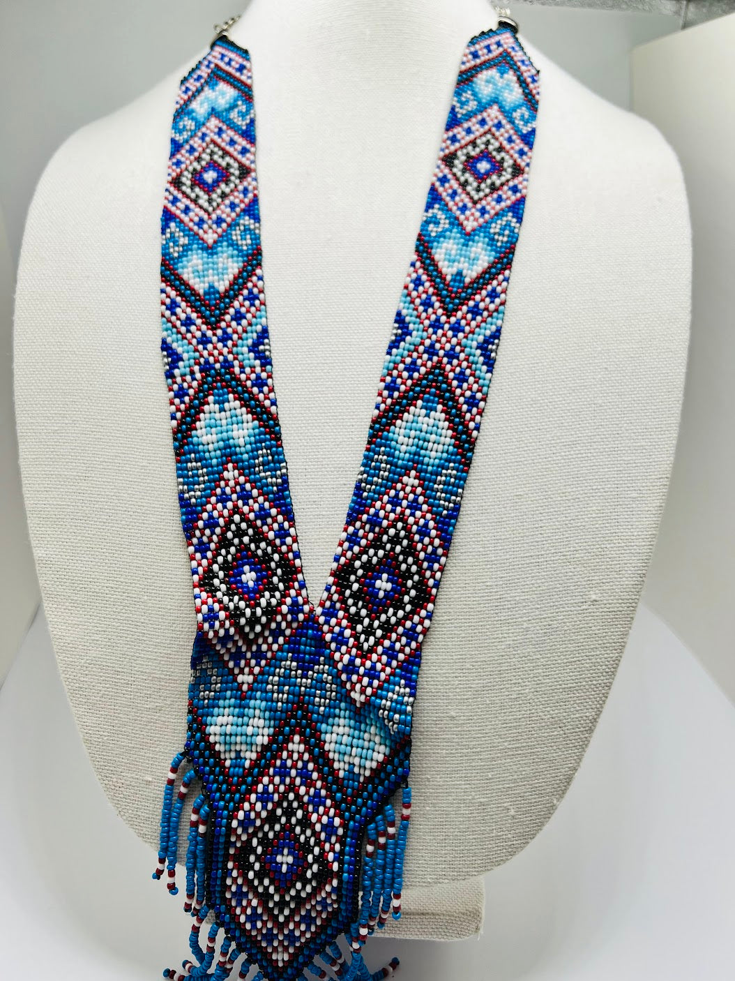 Beaded Blue with Red and Silver Geometric Necklace