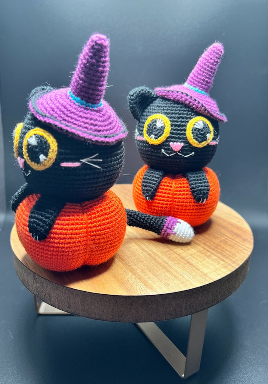 Halloween Crochet Witch Cat on Pumpkin Amigurumi Toy