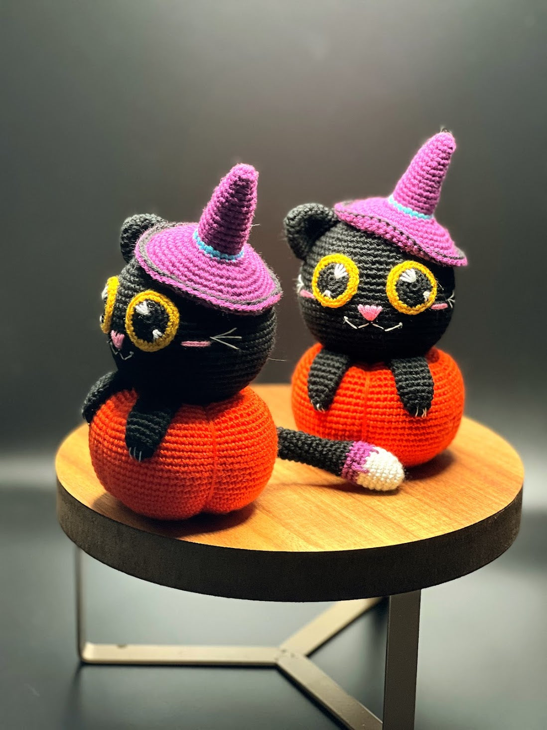 Stuffed Witch Cat Toy Over Pumpkin - Crochet Knitted Amigurumi Toy