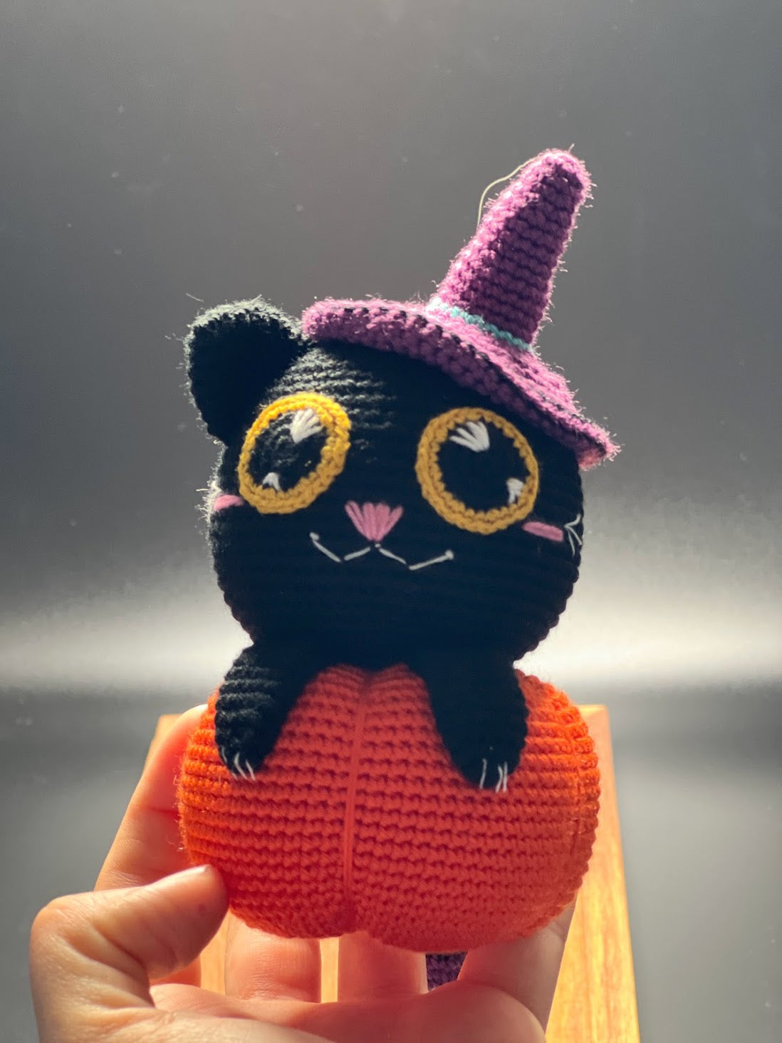 Stuffed Witch Cat Toy Over Pumpkin - Crochet Knitted Amigurumi Toy