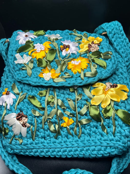 Crochet Teal Bag with Flowers - For Teens and Adults