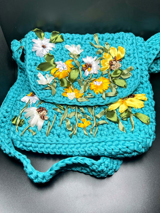 Crochet Teal Bag with Flowers - For Teens and Adults