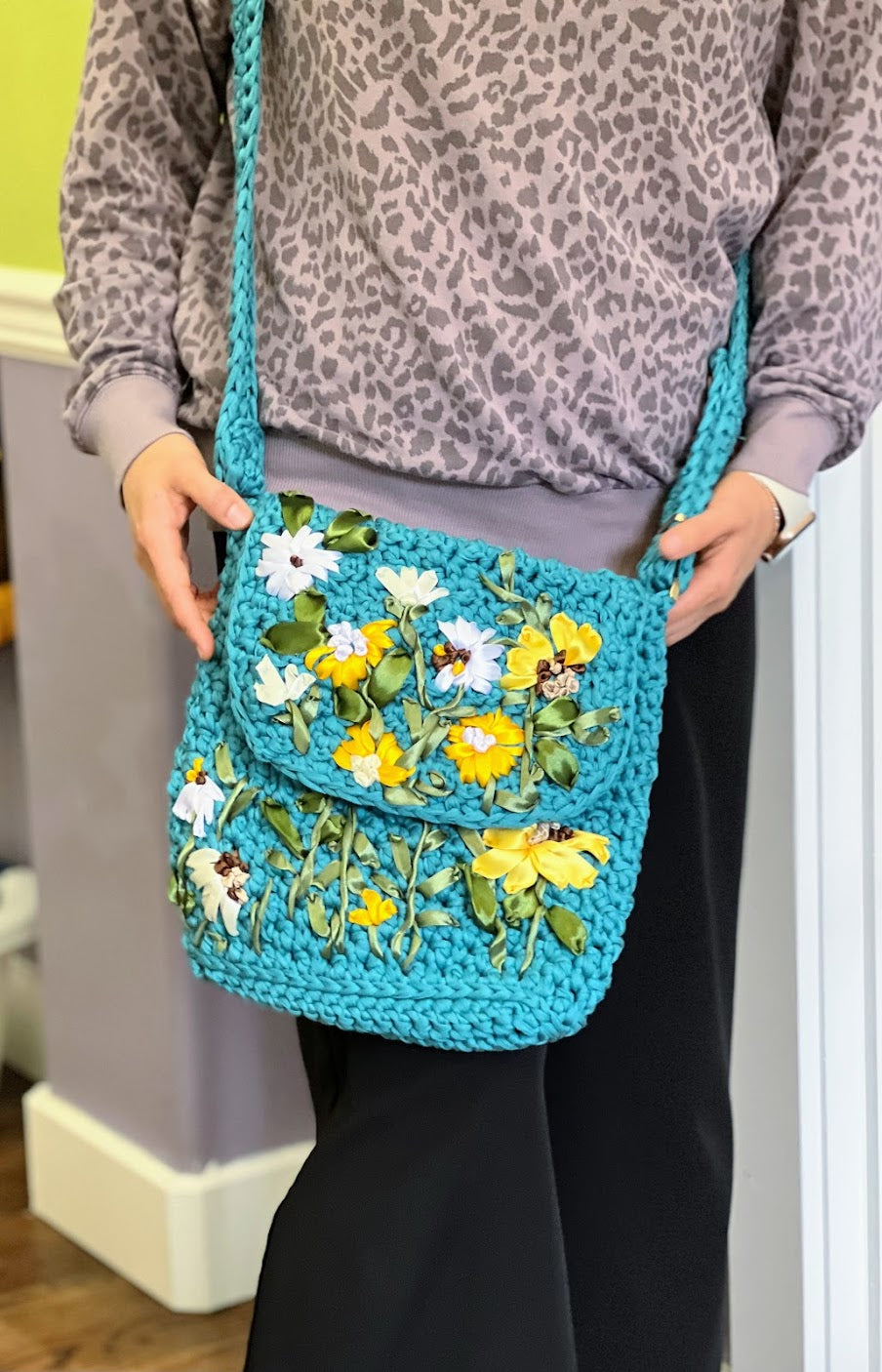 Crochet Teal Bag with Flowers - For Teens and Adults