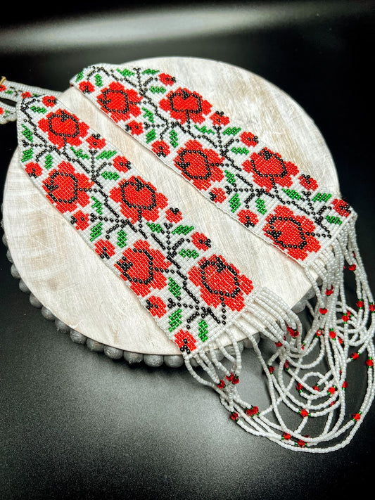 Red Flower & Green Leaf Beaded Statement Necklace