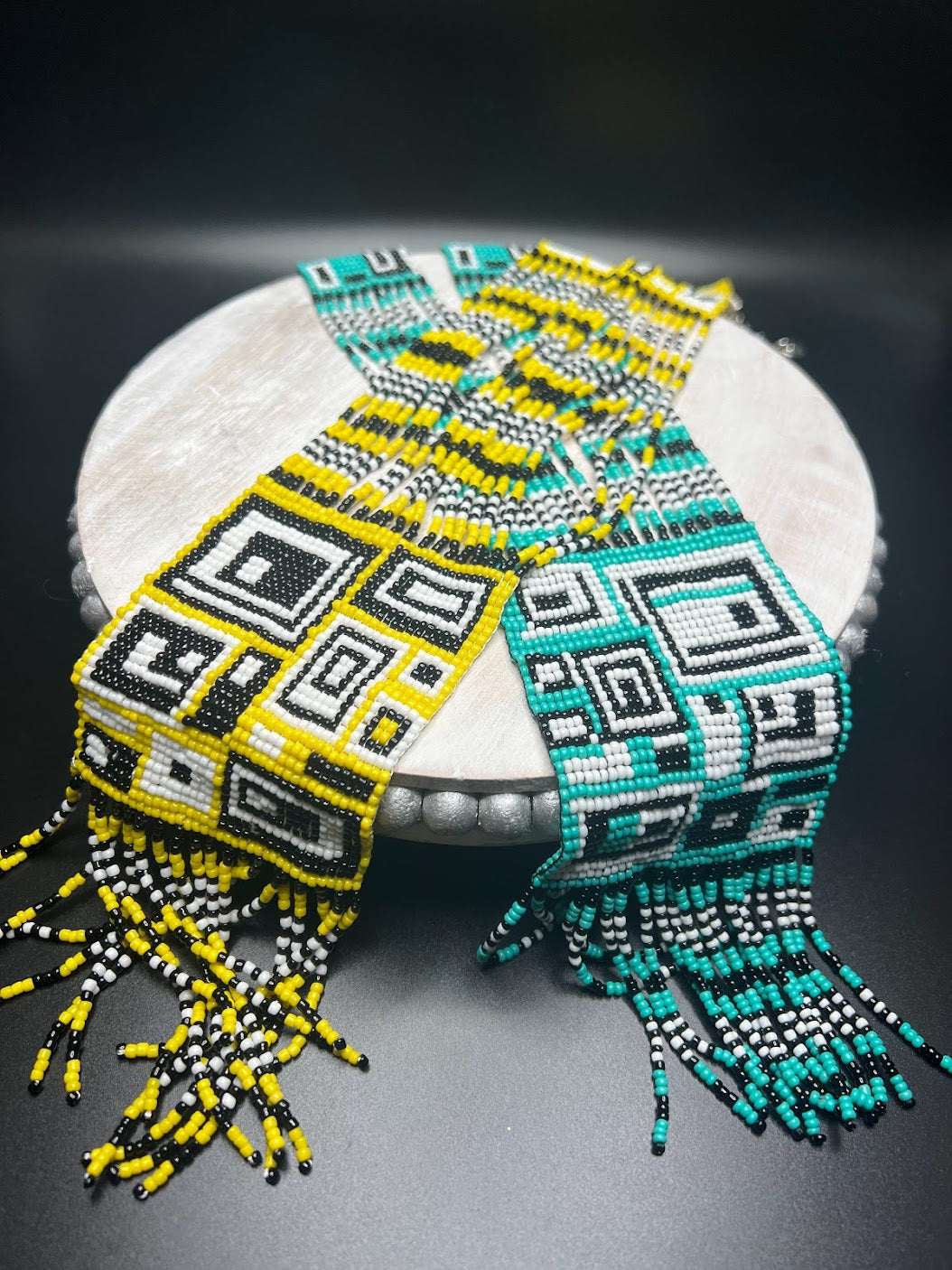 Beaded Yellow and Teal Geometric Necklace ( 2 Different Designs)
