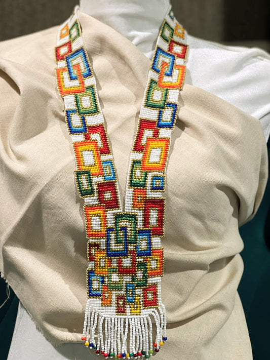 Beaded Orange, Blue & Red Geometric Necklace