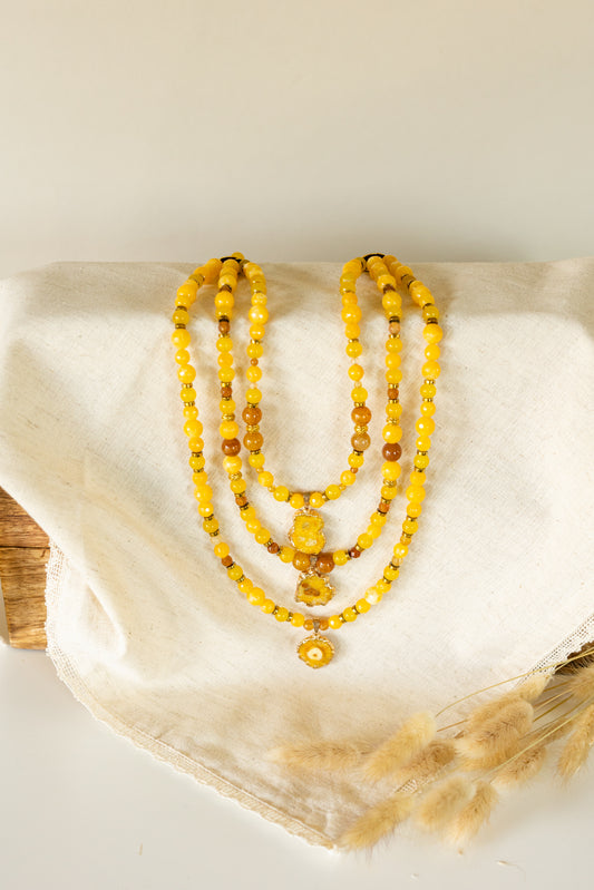 Natural Yellow Gemstone & Agate Charm Necklace