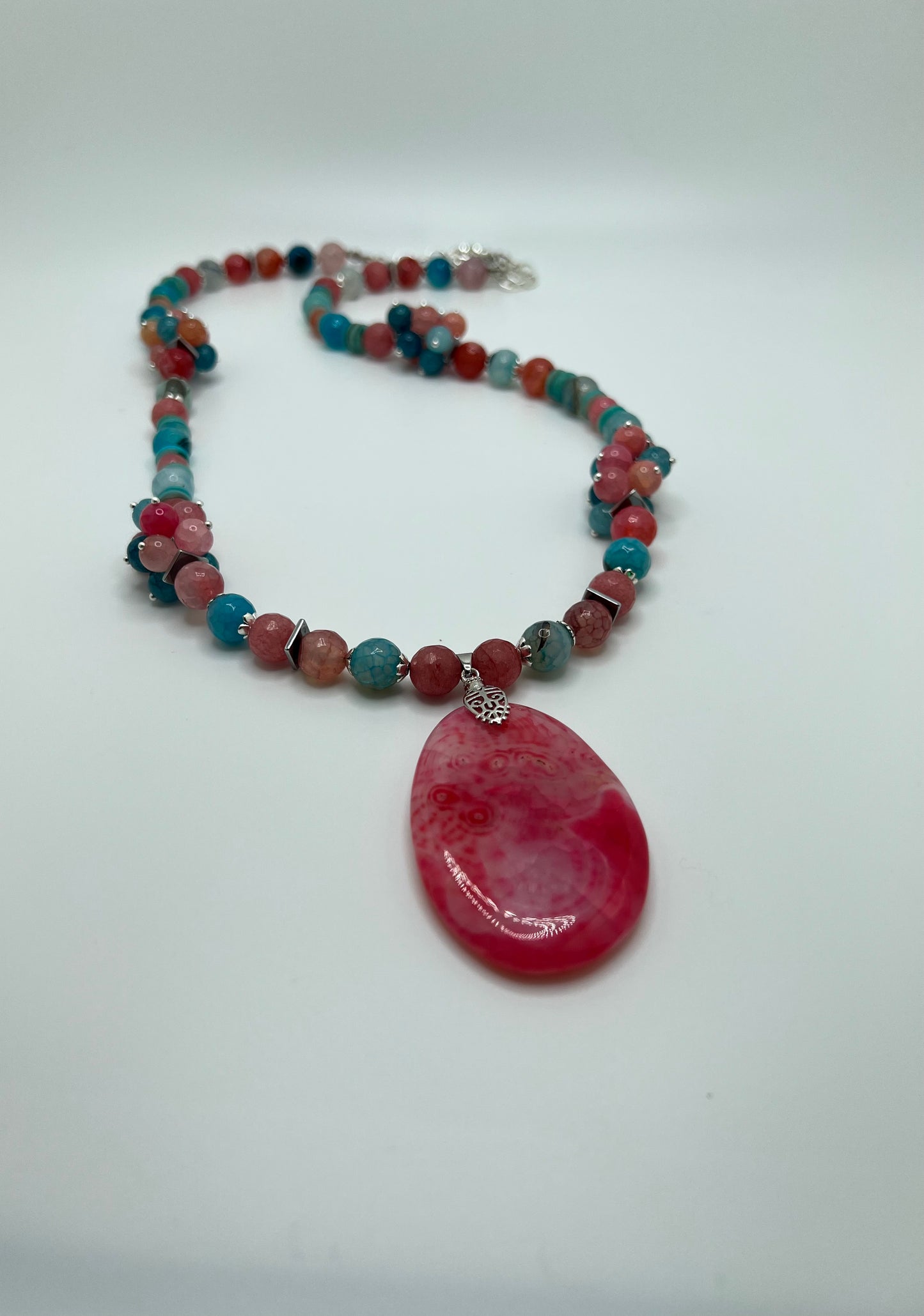 Natural Turquoise with Pink Gemstone Necklace With Pink Agate Pendant