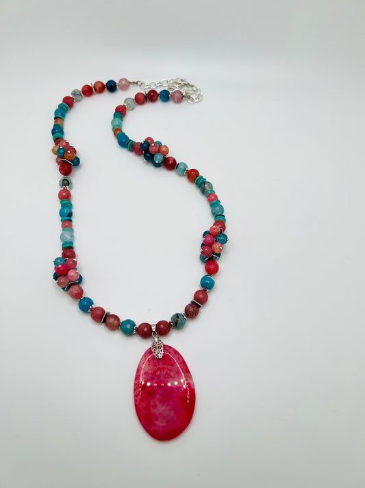 Natural Turquoise with Pink Gemstone Necklace With Pink Agate Pendant