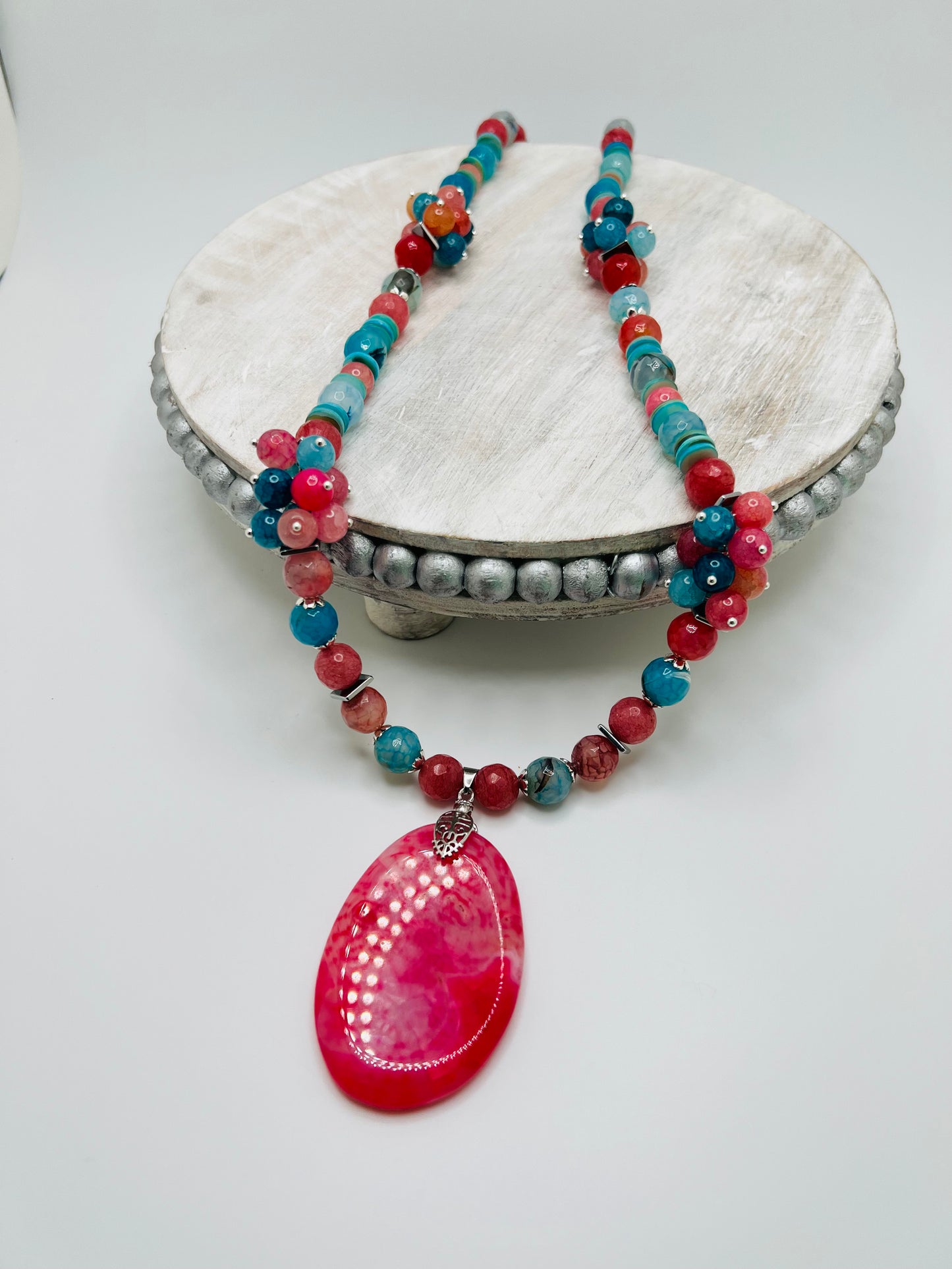 Natural Turquoise with Pink Gemstone Necklace With Pink Agate Pendant